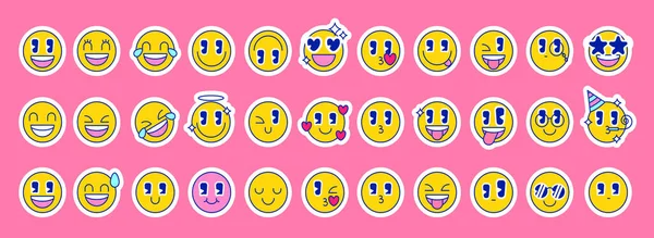 Set Vettore Adesivi Emoji Luminosi Stile Retrò Emoji Cartone Animato — Vettoriale Stock