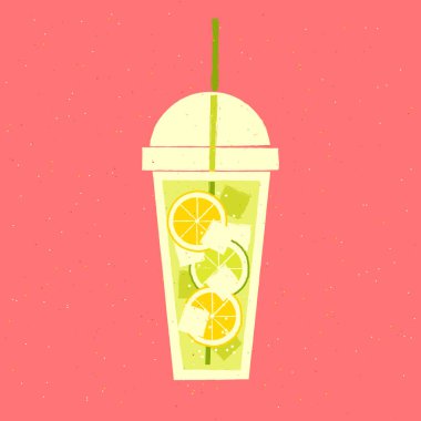 Limonlu moktail. Buzlu, sulu bir içecek. Retro tarzda doku ve gürültülü vektör illüstrasyonu. Samanlı plastik cam. Alkol narenciyeli tropik kokteyl.