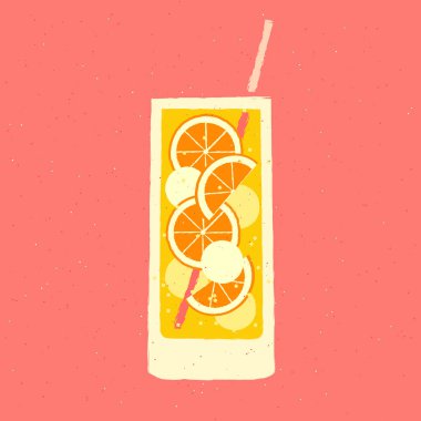 Portakal meyveli moktail. Buzlu parlak bir içecek. Retro tarzda doku ve gürültülü vektör illüstrasyonu. Saman ile birlikte uzun bardakta alkolsüz içecek. Alkol narenciyeli tropik kokteyl.