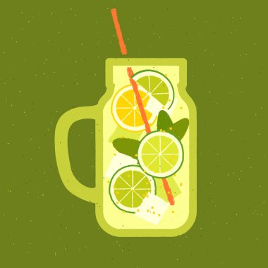 Limonlu moktail. Naneli ve buzlu soğuk alkolsüz içecek. Retro tarzda doku ve gürültülü vektör illüstrasyonu. Saplı ve samanlı bardak. Alkol narenciyeli tropik kokteyl.