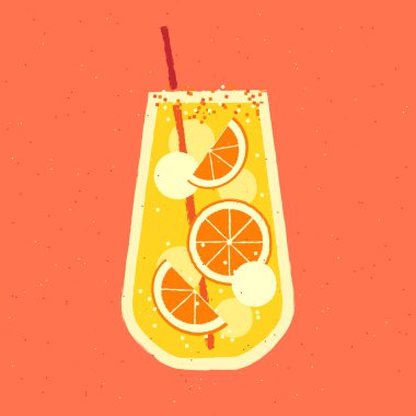 Portakal meyveli moktail. Buzlu sulu içecek. Retro tarzda doku ve gürültülü vektör illüstrasyonu. Saman ile alkolsüz muz içeceği. Alkol narenciyeli tropik kokteyl.