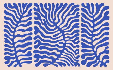 Soyut bitki seti, modern sanat tarzı. Mavi renkte botanik vektör çizimi. Sanatta Matisse bitkisi stili. Vektör tasarımı. Dikdörtgen içinde üç mercan dalı. Retro poster