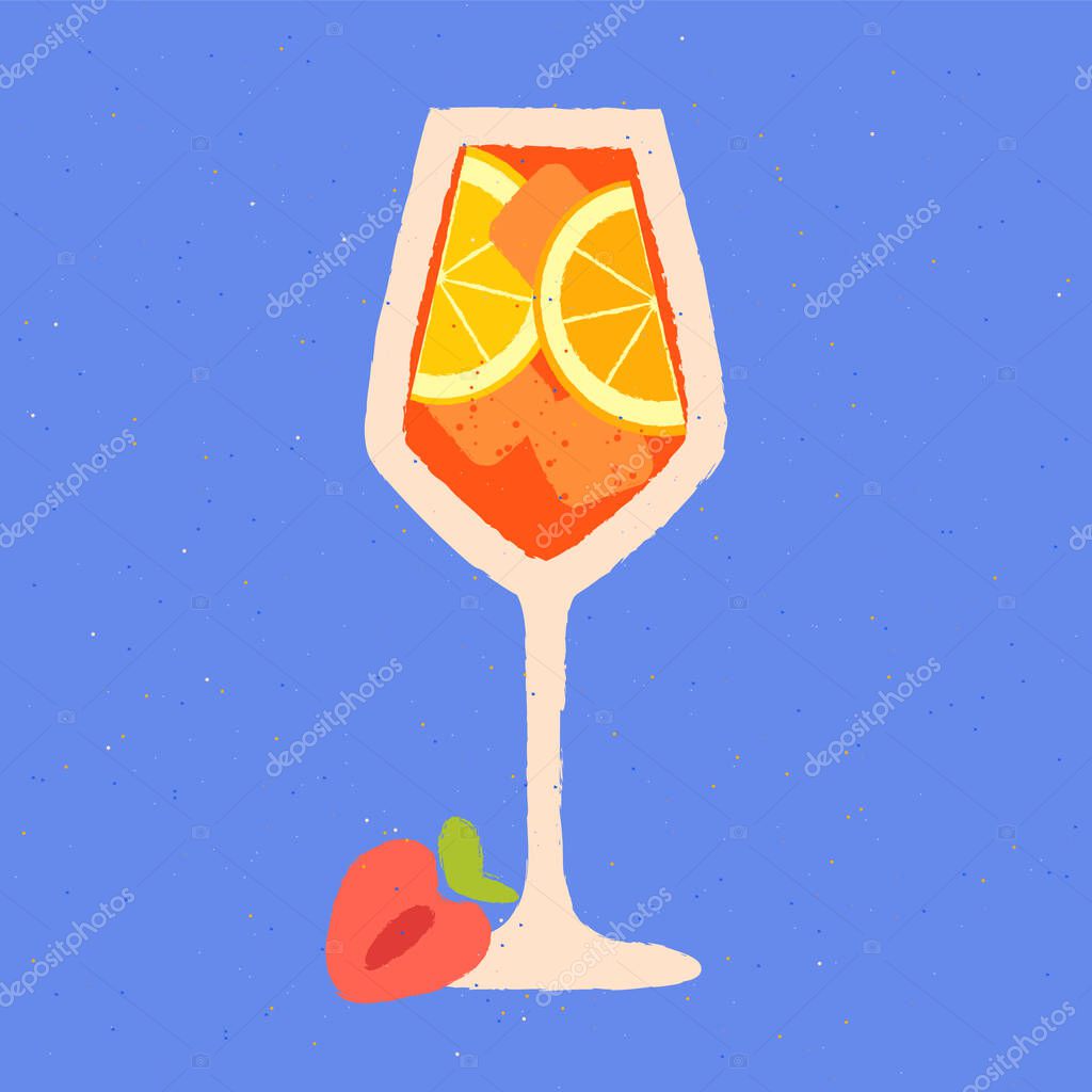 Orange drink with citrus fruit. Aperol Spritz in glass. Orange alcoholic soft liquid with strawberries. Vector flat illustration with texture. Cocktail in glass on a stem