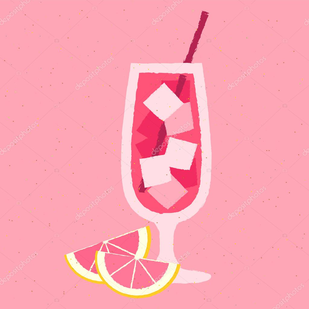 Cold drink with ice cubes and citrus fruits. Hurricane refreshing cocktail in glass on a stem. Alcohol drink with grapefruit. Vector flat illustration with texture. Bright pink beveridge