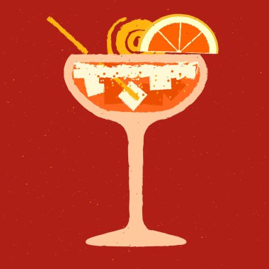 Margarita kokteyl bardağı. Greyfurtlu soğuk alkol içeceği. Buzlu ve samanlı tropik sıvı. Bardakta kırmızı kokteyl. Dokuları olan düz vektör çizimi. Bar için içecek