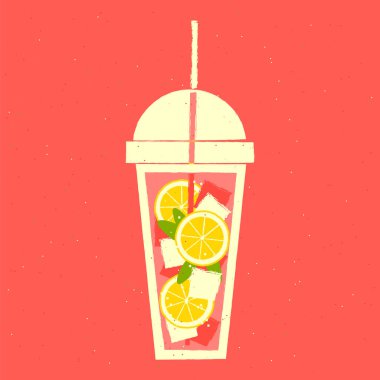 Alkolsüz kokteyl. Limonlu, naneli ve buzlu soğuk içecek. Tek kullanımlık plastik bardak. Mojito mocktail. Dokuları olan bir vektör. Parlak narenciye içeceği