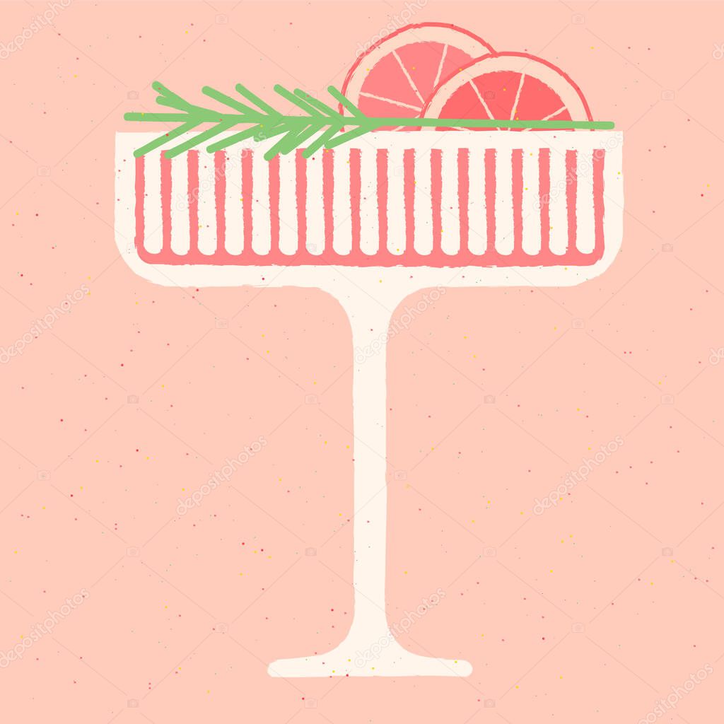 Margarita cocktail glass. Cold alcohol drink with grapefruit and rosemary. Tropical liquid with citrus. Vector illustration with texture. Pink beverage for bar. Beautiful cocktail glass