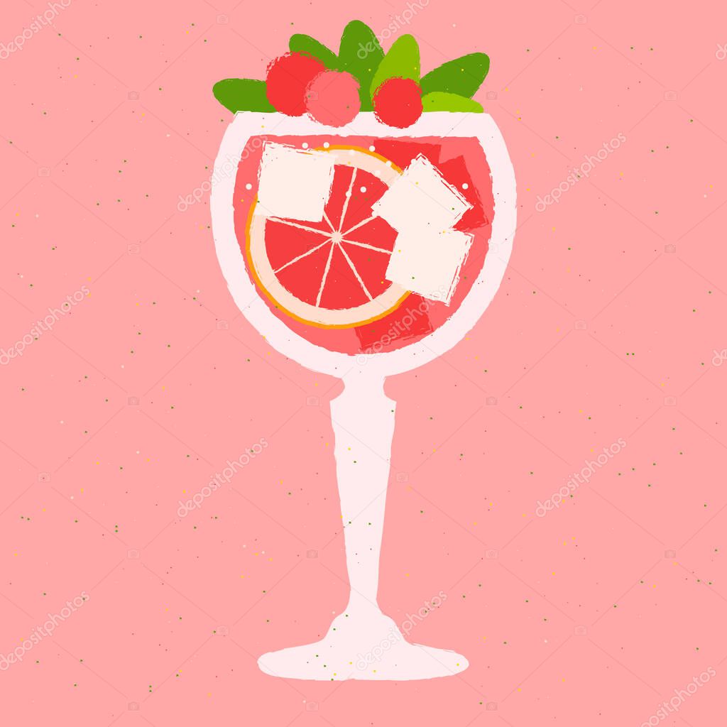 Cold drink with ice cubes and citrus fruits. Mint refreshing cocktail in glass on a stem. Alcohol drink with grapefruit and berries. Vector flat illustration with texture. Bright beveridge for bar