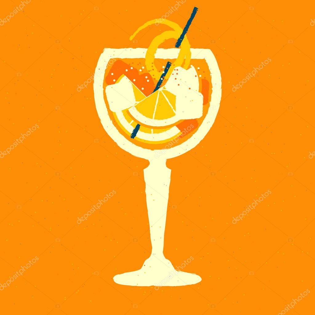 Cold drink with ice cubes and citrus fruits in glass on a stem. Alcohol drink with orange and zest. Vector flat illustration with texture. Bright beveridge with straw