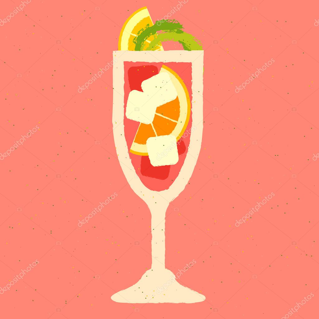 Alcohol drink with citrus and ice cubes. Cold drink with lemon, lime and orange. Pink refreshing cocktail in glass on a stem. Vector flat illustration with texture. Glass of wine
