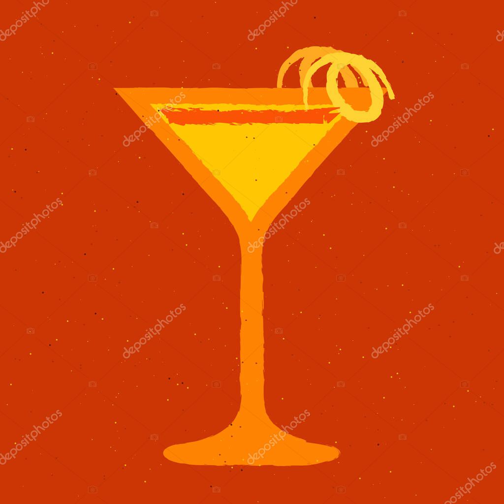 Margarita cocktail glass. Cold alcohol drink with orange fruit and zest. Tropical liquid with citrus fruit. Orange cocktail in glass. Vector flat illustration with texture. Beverage for bar