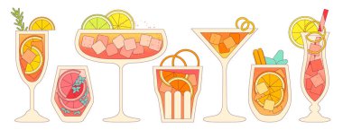 Eğim ve dış hatları olan düz vektör çizimi. Limon, limon ve limonlu soğuk alkol. Bardakta kokteyl hazır. Uzun ve bardak bardakta sıvı. Margarita, tekila. Mocktail içeceği