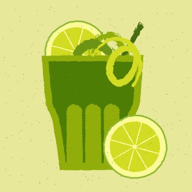 Taklacı camı. Limonlu meyve püresi ve sağlık için lezzet. Bar için yeşil kokteyl alkollü içecek. Etkinlik ve parti için yumuşak alkol sıvısı. Sağlıklı içecek. Dokuya sahip düz vektör illüstrasyonu