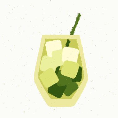 Naneli yeşil kokteyl. Detoks içeceği. Bar için alkol içiyorum. Buz küplü soğuk serinletici sıvı. Taklacı camı. Alkolsüz içecek. Dokulu düz vektör çizimi. Tekila.