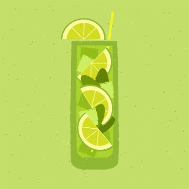 Limonlu, naneli ve buzlu yeşil kokteyl. Büyük bardakta mojito. Citrus sodası. Bar için alkol içiyorum. Uzun bardakta soğuk, yumuşak bir sıvı. Alkolsüz içecek. Dokuya sahip düz vektör illüstrasyonu
