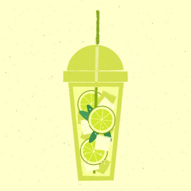 Limonlu, naneli, buzlu yeşil kokteyl. Plastik bardakta mojito. Detoks içeceği. Bar için alkol içiyorum. Tek kullanımlık bardakta yumuşak sıvı. Alkolsüz içecek. Dokuya sahip düz vektör illüstrasyonu
