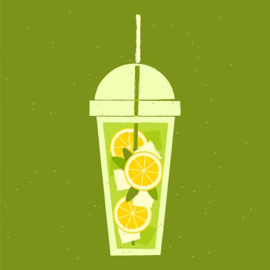 Limonlu, naneli, buzlu yeşil kokteyl. Plastik bardakta mojito. Detoks içeceği. Bar için alkol içiyorum. Tek kullanımlık bardakta yumuşak sıvı. Alkolsüz içecek. Dokuya sahip düz vektör illüstrasyonu