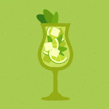 Nane ve limonlu yeşil kokteyl. Mojito kokteyli. Bar için alkol içiyorum. Şarap kadehinde yumuşak sıvı. Cin tonik ve soda ile Stemware. Alkolsüz içecek. Dokuya sahip düz vektör illüstrasyonu