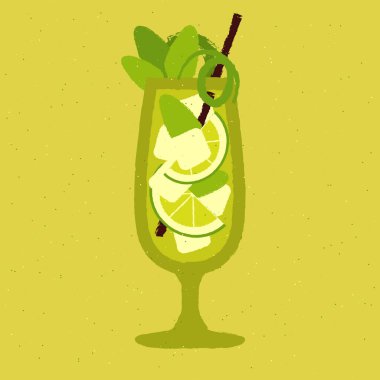 Limonlu ve naneli yeşil kokteyl. Mojito. Bardakta turunçgil olan soğuk, yumuşak bir sıvı. Bar için alkol içiyorum. Cin tonik ve soda ile Stemware. Alkolsüz içecek. Dokuya sahip düz vektör illüstrasyonu