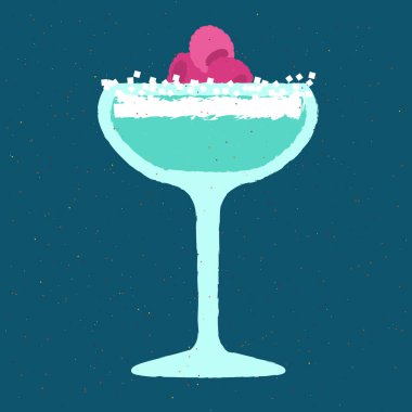 Ahududu ve kremalı mavi kokteyl. Mocktail tazeleyici. Milkshake. Bar için alkol içiyorum. Margarita bardağında soğuk, yumuşak bir sıvı. Alkolsüz içecek. Dokuya sahip düz vektör illüstrasyonu
