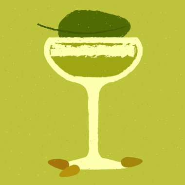 Fesleğenli, kremalı, bademli yeşil kokteyl. Margarita bardağında Büyükanne Bahçesi. Sıvıyı tazeliyorum. Bahçe kokteylinde sabah. Bar için alkol içiyorum. Dokuya sahip düz vektör illüstrasyonu