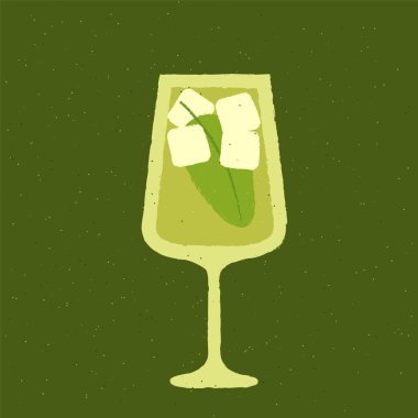 Fesleğenli yeşil kokteyl, dondurmalı dondurma. Kadehler içinde Büyükanne Bahçesi. Sıvıyı tazeliyorum. Bahçe kokteylinde sabah. Bar için alkol içiyorum. Dokuya sahip düz vektör illüstrasyonu