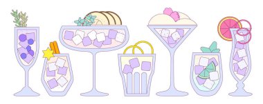 Kokteyller hazır. Buzlu meşrubat, narenciye, hindistan cevizi, tarçın. Milkshake. Mor yaz kokteyli. Bar için alkol içiyorum. Alkolsüz içecek. Çizgili düz vektör çizimi, gradyan
