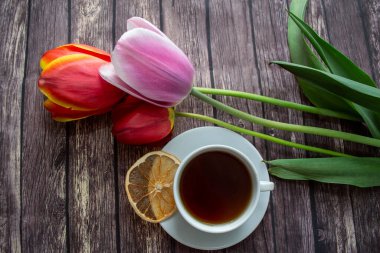 Tahta arka planda bir fincanda bahar lale çiçekleri.