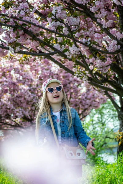 美丽的年轻女子 戴着太阳镜 戴着粉红的帽子 站在盛开的花园里 — 图库照片