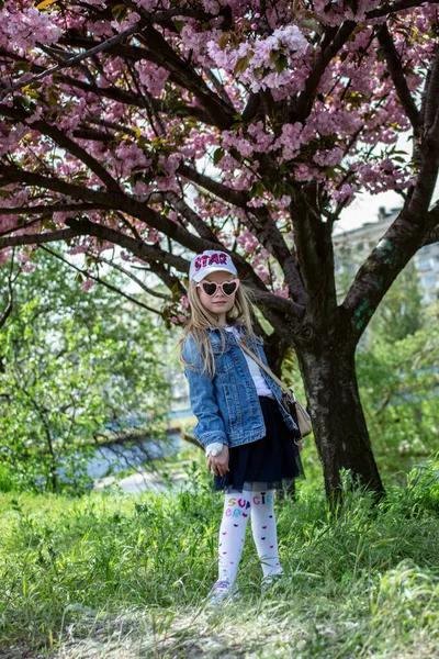 Beautiful Young Girl Pink Dress Hat Walks Park — 图库照片