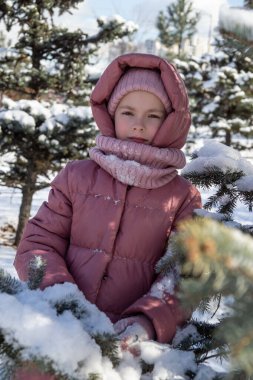 Mutlu çocuk karda kış günü oynuyor.