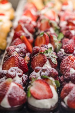 Italian Bakery counter, Window of desserts at a pastry shop. Fresh and tasty products. 