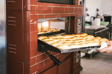 Tanınmayacak halde fırından lezzetli ekmeklerle tepsiyi çıkarıyor. Geleneksel Sicilya mutfağı. 