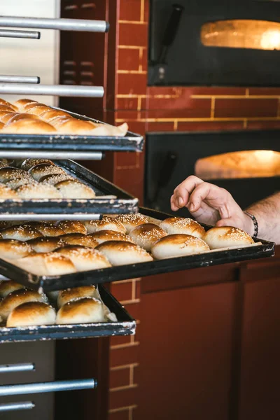 Baker rafa ekmek koyar. Fırından taze çörekler. Ekmek pişiriyorum. Fırın taşımacılığı. Şekerlemeci. 