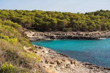 Turkuazlı manzara, güneşli bir günde gök mavisi deniz suyu, Cala Mondrago, Mayorka Adası, İspanya.