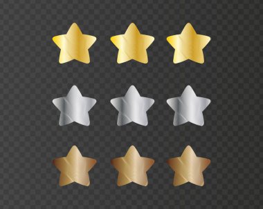 Metalik desenli altın, gümüş ve bronz yıldızlar. Parlak derecelendirme elemanları şeffaf arkaplanda izole edildi. Vektör illüstrasyonu