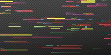 Renkli arıza çizgileri ve saydam koyu kareli arkaplanda dijital gürültü bozulması etkisi. Soyut yatay parazit çubukları. Arıza etkisi şablonu. Vektör illüstrasyonu