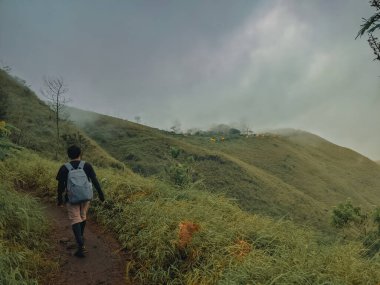 Yalnız bir yürüyüşçü, gür, sislerle kaplı tepelerde dar bir patika boyunca yürür. İzler yoğun çimenlerin ve bulutlu gökyüzünün altında hafif sislerin arasından esiyor. Uzak yamaçlarda renkli çadırlar görülebiliyor..