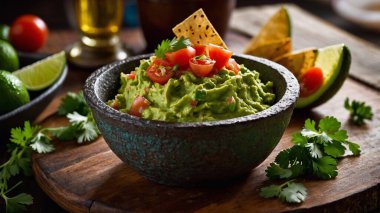 Bowl of guacamole with corn chips clipart