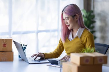 Asyalı kadın Sme online mağazasında çalışıyor. laptop kutusu Başlangıcı KME küçük işletme girişimcisi serbest internet konsepti