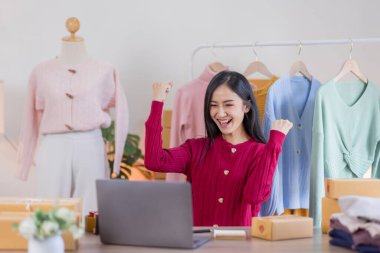 Kuruluş KOBİ küçük iş girişimcisi serbest Asyalı bir kadın dizüstü bilgisayarda çalışıyor neşeli bir başarıyla Asyalı kadın elini kaldırıyor online pazarlama paketleme ve dağıtım fikri KOBİ 'yi heyecanlandırıyor