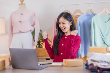 Kuruluş KOBİ küçük iş girişimcisi serbest Asyalı bir kadın dizüstü bilgisayarda çalışıyor neşeli bir başarıyla Asyalı kadın elini kaldırıyor online pazarlama paketleme ve dağıtım fikri KOBİ 'yi heyecanlandırıyor