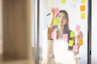share idea, project successful, Business Asian business woman in meeting brainstorming and use post paper and writing note and stick on glass wall at workplace office.