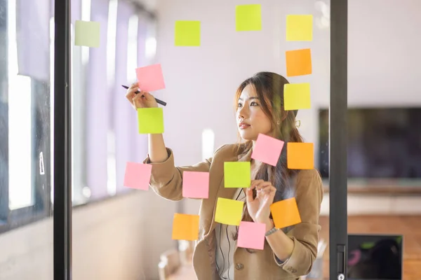 share idea, project successful, Business Asian business woman in meeting brainstorming and use post paper and writing note and stick on glass wall at workplace office.