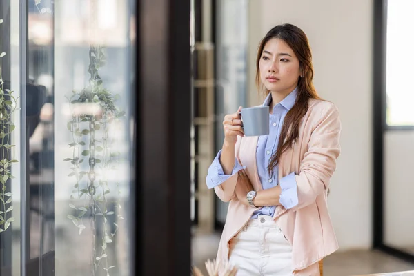 Portrait Charming Young Woman Businessman Office Standing Holding Coffee Cup — Photo