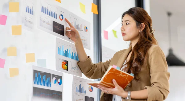 Young Business Asian woman using sticky notes and graph chart in glass wall analyzing strategy business plan to development grow to success