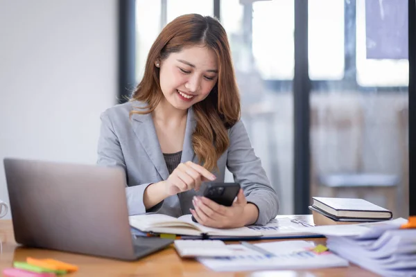 Smiling Young Asian Business Woman Executive Looking Smartphone Using Cellphone — Photo