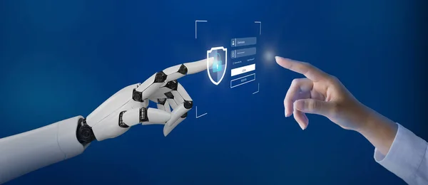 AI, Machine learning, robot hand ai artificial intelligence assistance human touching on big data network connection Lock icon and internet network security technology,