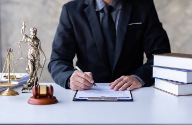 Lawyer working in office. Statue of justice, Law, legal services, advice, justice and law concept