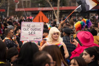 SANTIAGO, Şili - 25 Haziran 2023: Şili 'de gurur gösterisi, birçok renk, savurganlık, çeşitlilik ve mutluluk. Yüksek kalite fotoğraf